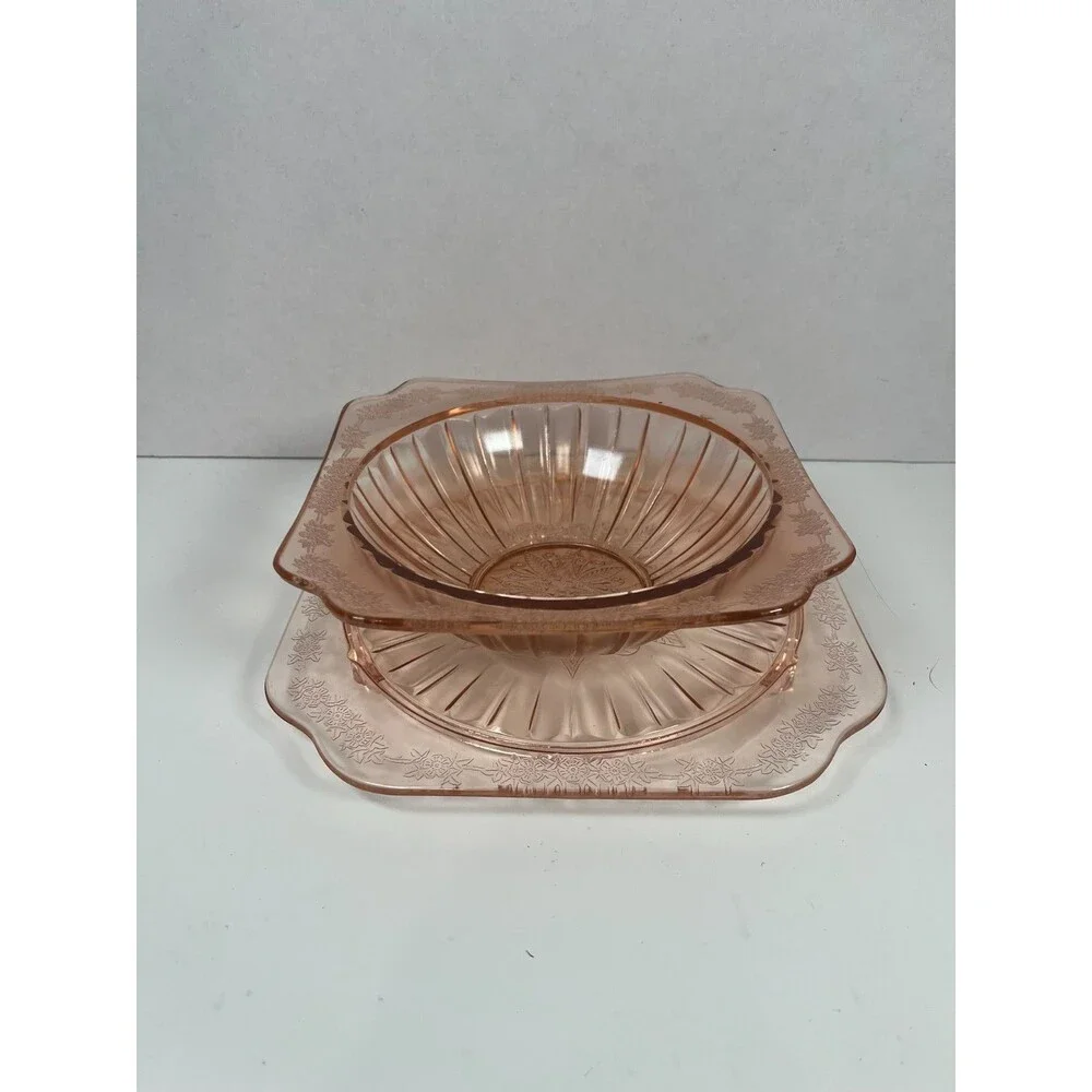 Jeannette Glass Company Adam Pink depression glass bowl and plate 1930s Vintage